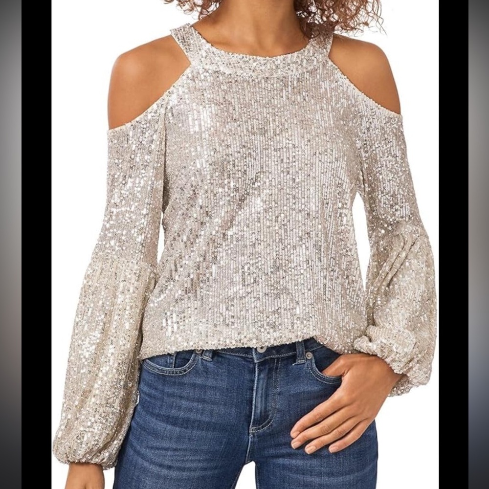 CeCe Silver Sequin Cold Shoulder Top